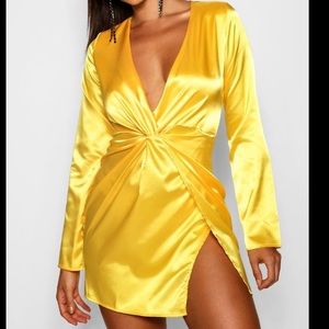 Yellow long sleeve satin dress
